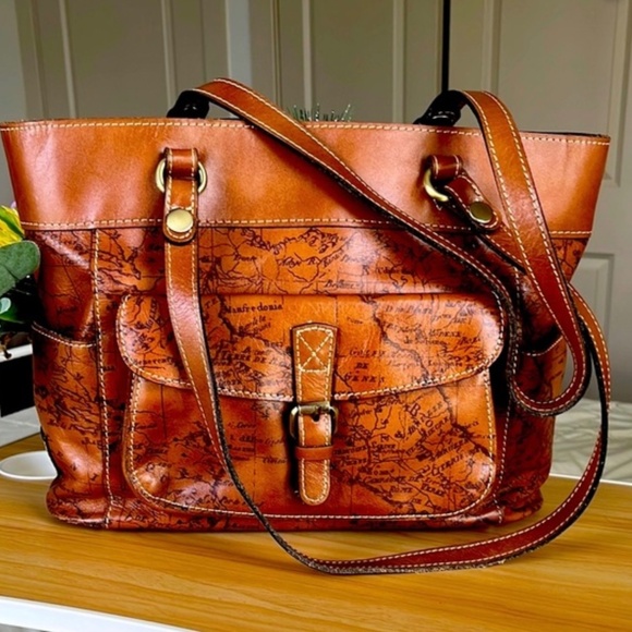 Patricia Nash Vintage Map Print Brown Leather Tote Shoulder Bag - Picture 1 of 11